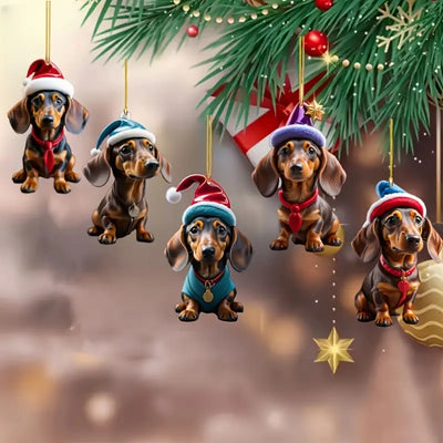 5pcs Adorable Dachshund Puppies with Christmas Hats