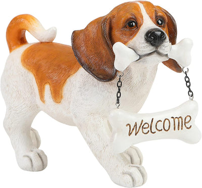 Beagle Statue with Reversible Welcome Sign and Go Away Signs