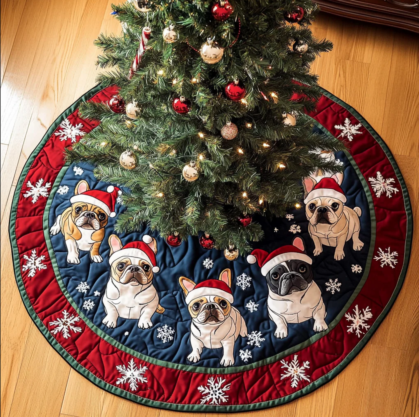 Frenchie Christmas Magic Christmas Quilted Tree Skirt