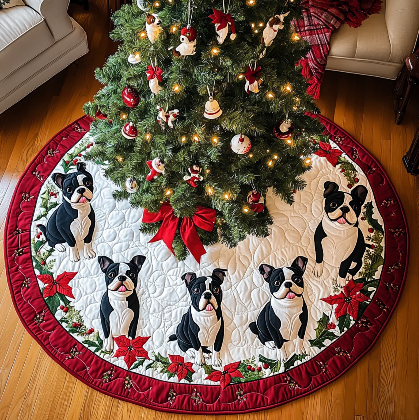 Boston Terrier Christmas Magic Christmas Quilted Tree Skirt